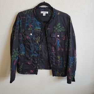 ColdWater Creek Colorful Embroidered Black Denim Jacket Pet Med Ruffle Collar